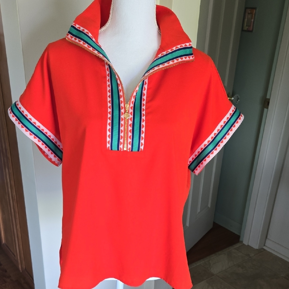 Vibrant Orange Short Sleeve Top with Zip Detail